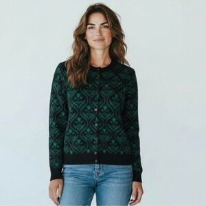 NWT Ann Taylor Black/Green Tulip Damask Print Buttoned Cardigan Sweater Size XS